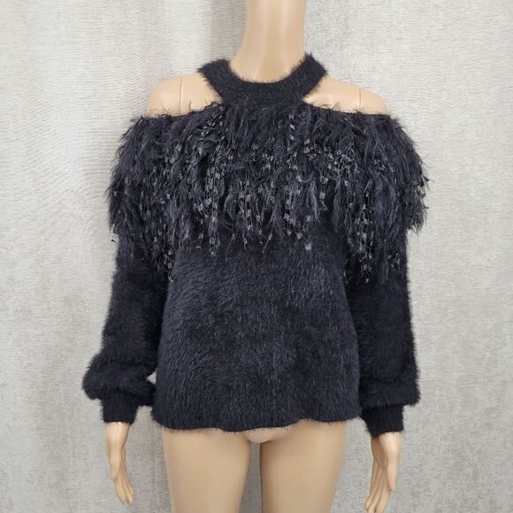 Main Strip Black Cold Shoulder Fuzzy Fringe Sweater Boutique NWT Women's S / M - Picture 1 of 9